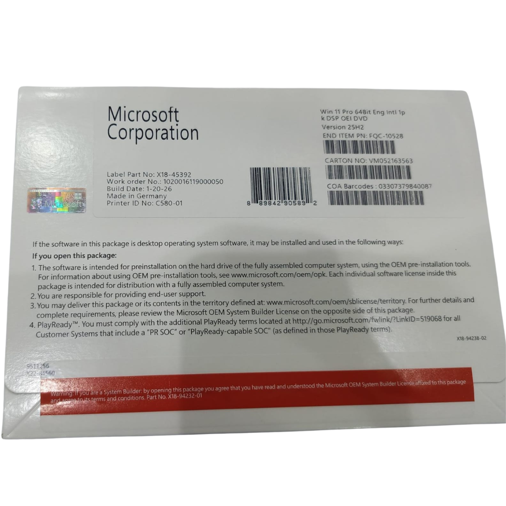 Microsoft Windows 11 Pro 64-bit License, 1 x Device, 1 GHz Processor, 4GB RAM, 64GB Storage, DVD, TPM Required | FQC-10528