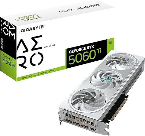 Gigabyte GeForce RTX 5060 Ti AERO OC Graphics Card, GDDR7 16GB 128-bit Memory, HDMI 2.1b & DP 2.1b Outputs, PCI Express 5.0, 2647 MHz Core Clock, 28 Gbps Memory Clock, Triple Windforce RGB Hawk Fans, Dual Bios, White, 1 Year Warranty | GV-N506TAEROOC-16GD