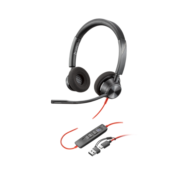سماعة رأس USB-C ستريو بلاك واير 3320 من بولي معتمدة لمايكروسوفت تيمز + محول USB-C/A ‏| 8X220AA