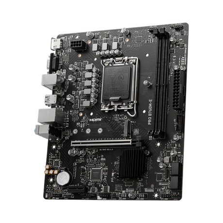 Msi PRO B760M-E Motherboard, LGA 1700 Socket, mATX Form Factor, DDR5 Ram, PCIe 4.0, USB 5 GBps, HDMI 1.4, VGA, Realtek RTL8111H Gigabit LAN, PCI-E Steel Armor, 1 Year Warranty | 911-7D48-065