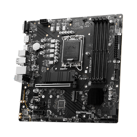 Msi PRO B760M-P Motherboard, LGA 1700 Socket, mATX Form Factor, DDR5 Ram, PCIe 4.0, USB 10 GBps, HDMI 1.4, VGA, Realtek RTL8111H Gigabit LAN, PCI-E Steel Armor, 1 Year Warranty | 911-7E02-026