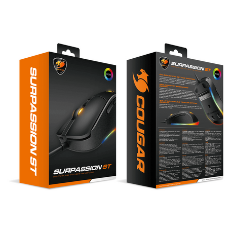 ماوس ألعاب سلكي بصري RGB من Cougar Surpassion ST، مستشعر ألعاب بصري PixArt PMW3325 بدقة 3200 نقطة لكل بوصة، معدل اقتراع 1000 هرتز، مفتاح ألعاب ميكانيكي، 6 أزرار، تصميم مريح لليد اليمنى، أسود، ضمان لمدة سنة واحدة | CGR-SURPASSION-ST