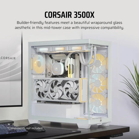 Corsair 3500X Mid Tower PC Casing, Wraparound Tempered Glass, 425mm GPU Support, USB 3.2 Gen 2, White, 1 Year Warranty | CC-9011277-WW