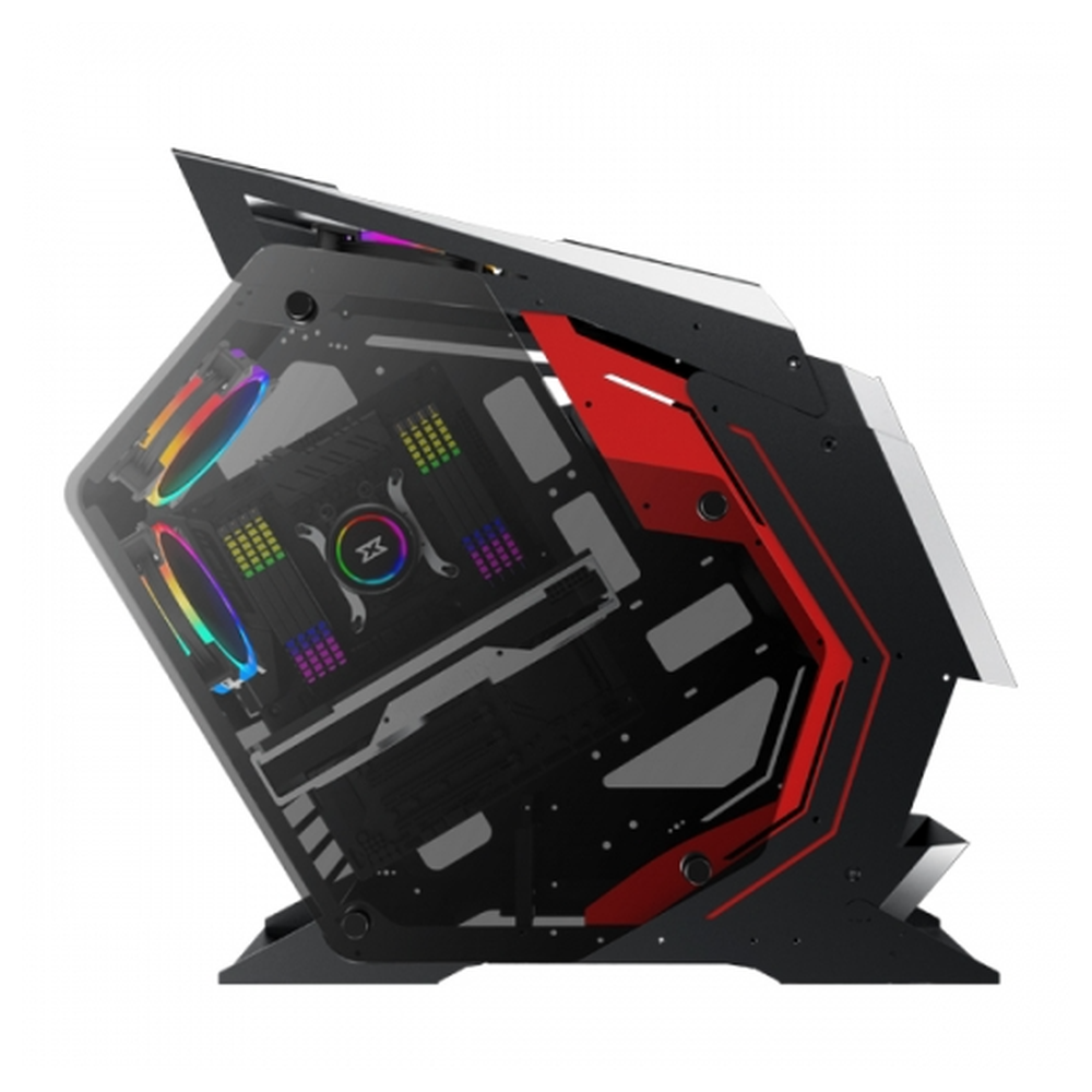 XIGMATEK Perseus ATX PC Case, Front & Left & Right Tempered Glass, 5 x CY120 Fans w Control Box & Remote, 400mm GPU Support, USB 3.0, Black & Red, 1 Year Warranty | EN45198