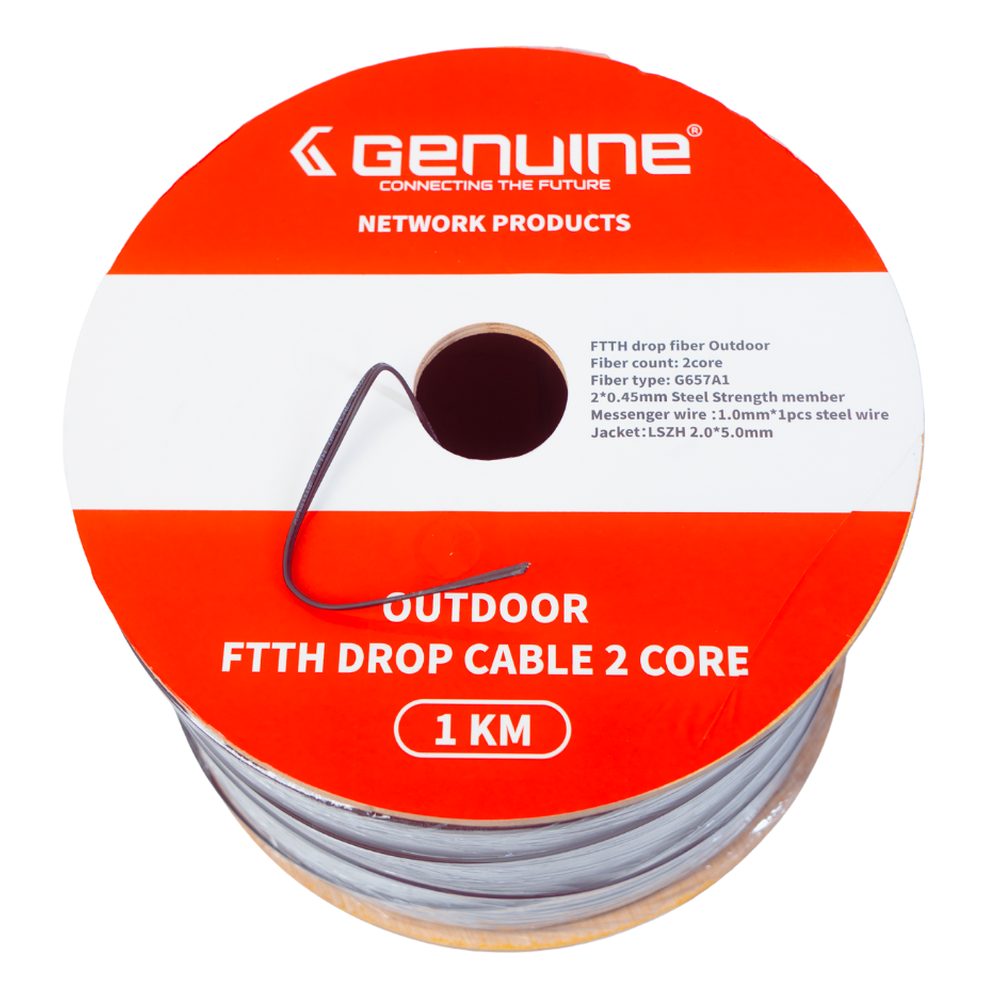 Genuine FTTH Outdoor Fiber Optic Cable, 2-Core Fiber, 1000M Length, LSZH Jacket, Steel Strength Member, 1 Year Warranty | GN-FC2CO-1000M