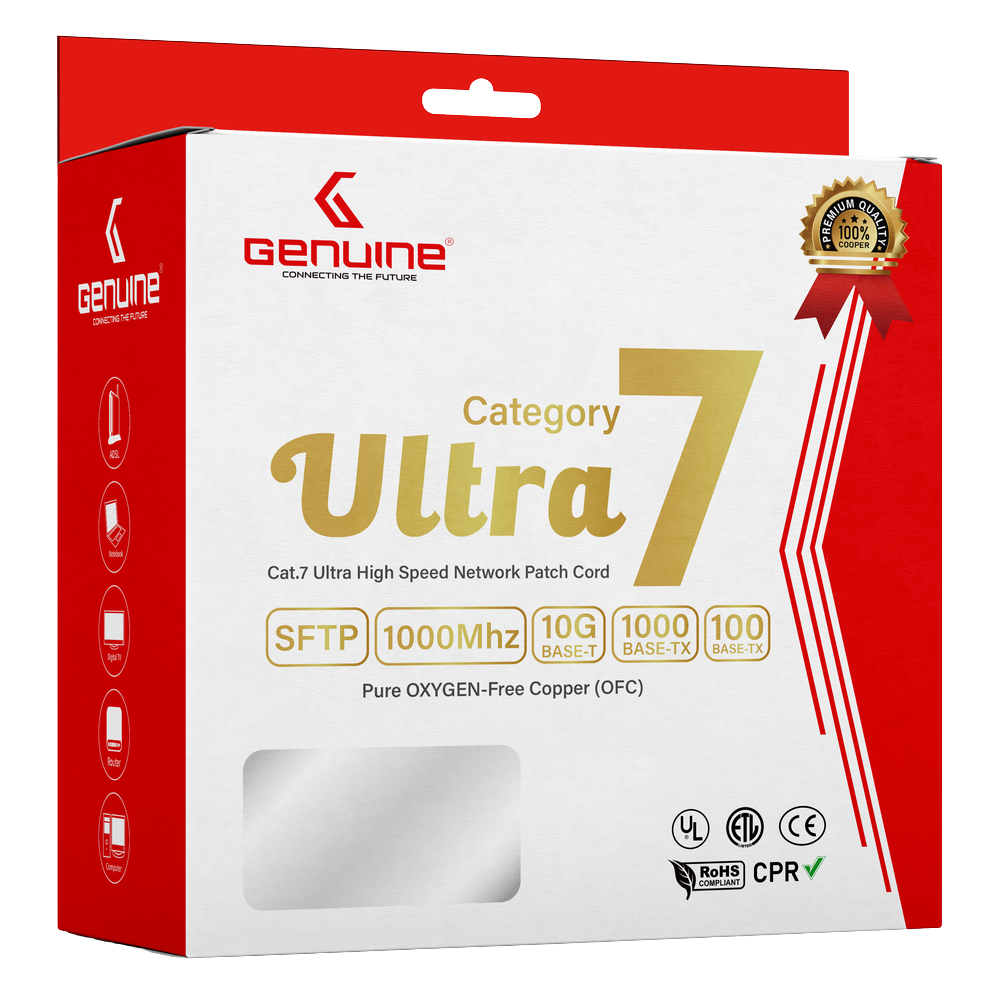 كابل CAT7 أصلي من نوع S/FTP، بطول 5 متر، نحاس نقي 23AWG، غلاف PVC، لون رمادي، تعبئة صندوقية، ضمان سنة واحدة | GNPC-C7SFTPGRY-5