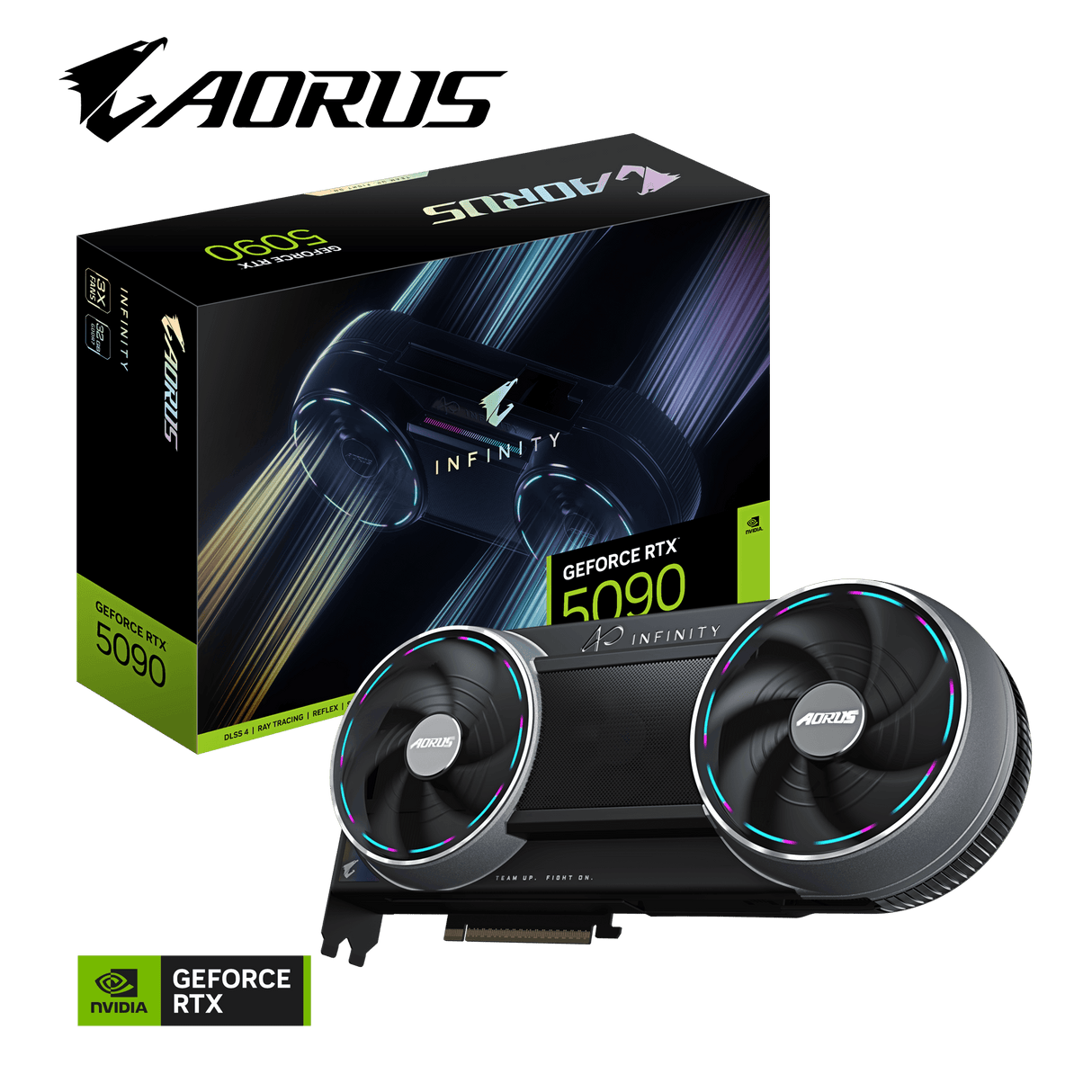 Gigabyte AORUS GeForce RTX 5090 INFINITY Graphics Card, GDDR7 32GB 512-bit Memory, HDMI 2.1b & DP 2.1b Outputs, PCI Express 5.0, Windforce HyperBoost Cooling System, 3352 AI TOPS, RGB Halo, Black, 1 Year Warranty | GV-N5090AORUS-IF-32GD