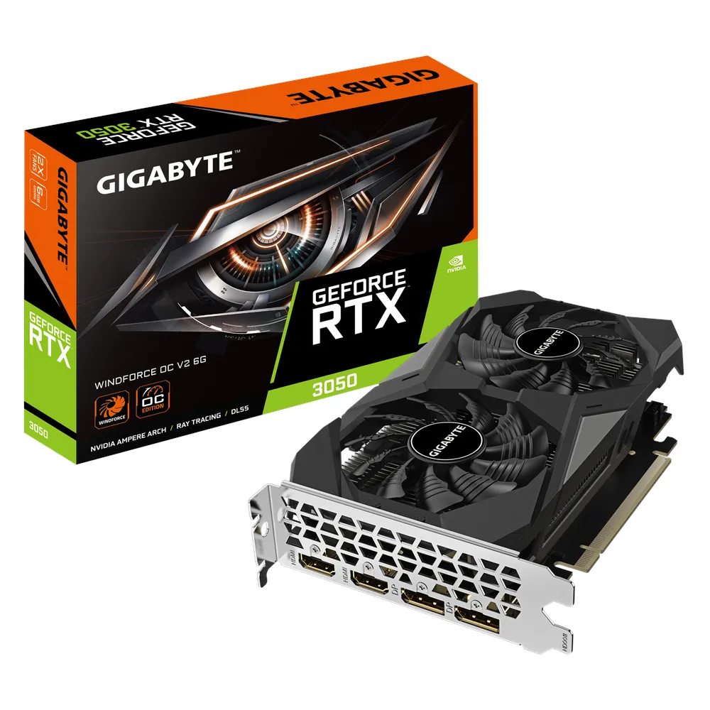 Gigabyte WINDFORCE OC V2 GeForce RTX 3050 Graphics Card, GDDR6 6GB 96-bit Memory, HDMI 2.1a & DP 1.4a Outputs, PCI Express 4.0, 1477 MHz Core Clock, 14000 Mhz Memory Clock, Dual Fan Windforce Cooling System, 1 Year Warranty | GV-N3050WF2OC-V2-6GD