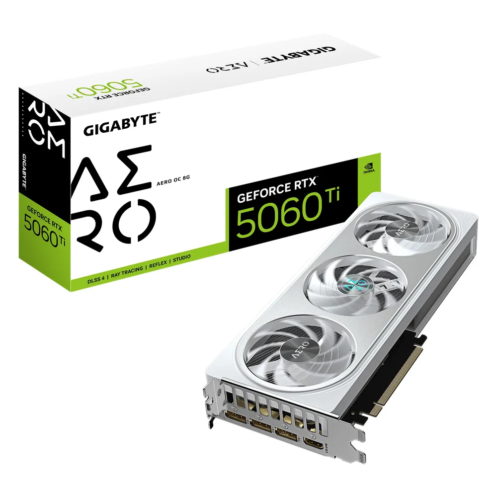 Gigabyte GeForce RTX 5060 Ti AERO OC Graphics Card, GDDR7 8GB 128-bit Memory, HDMI 2.1b & DP 2.1b Outputs, PCI Express 5.0, 2647 MHz Core Clock, 28 Gbps Memory Clock, Triple Windforce RGB Hawk Fans, Dual Bios, White, 1 Year Warranty | GV-N506TAERO-OC-8GD