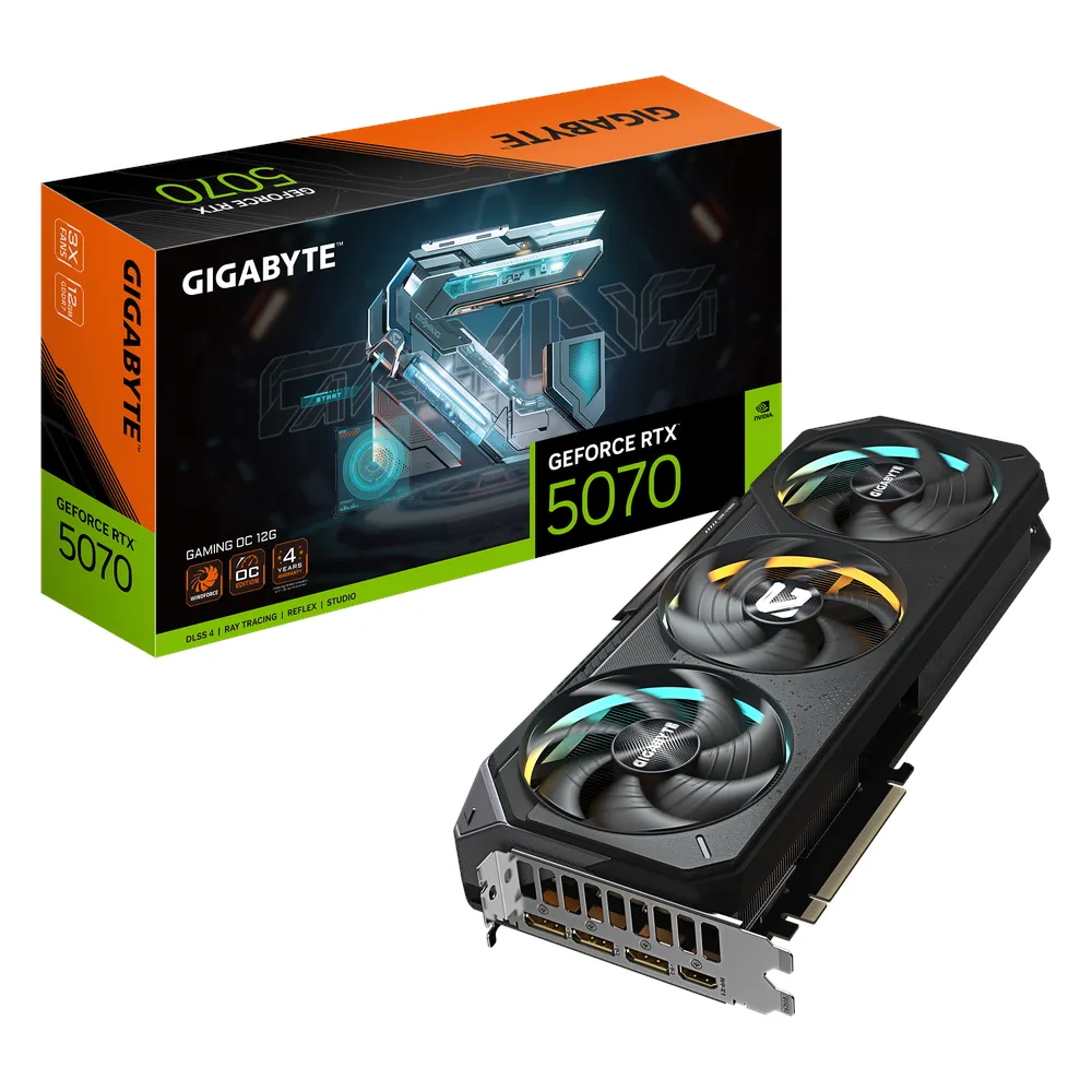 Gigabyte GAMING OC GeForce RTX 5070 Graphics Card, GDDR7 12GB 192-bit Memory, HDMI 2.1b & DP 2.1b Outputs, PCI Express 5.0, 2625 MHz Core Clock, 28 Gbps Memory Clock, Triple Windforce Hawk Fans, RGB Halo, Dual BIOS, 1 Year Warranty | GV-N5070GAMING-OC-12G