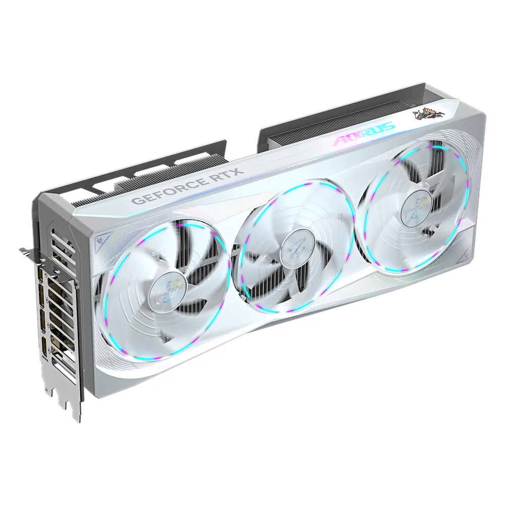 Gigabyte AORUS GeForce RTX 5080 MASTER ICE Graphics Card, GDDR7 16GB 256-bit Memory, HDMI 2.1b & DP 2.1b Outputs, PCI Express 5.0, 2805 MHz Core Clock, 30 Gbps Memory Clock, Triple Windforce Hawk Fans, LCD Edge View, RGB Halo, Dual BIOS, White, 1 Year
