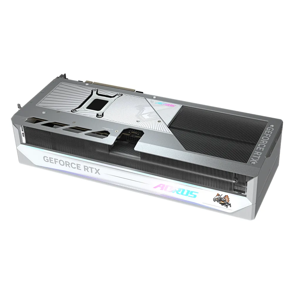 Gigabyte AORUS GeForce RTX 5080 MASTER ICE Graphics Card, GDDR7 16GB 256-bit Memory, HDMI 2.1b & DP 2.1b Outputs, PCI Express 5.0, 2805 MHz Core Clock, 30 Gbps Memory Clock, Triple Windforce Hawk Fans, LCD Edge View, RGB Halo, Dual BIOS, White, 1 Year