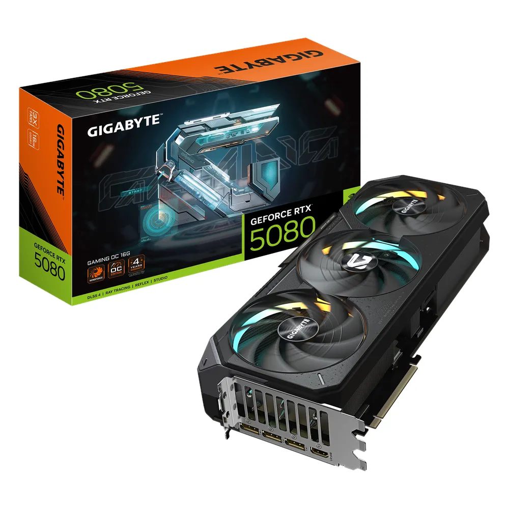 Gigabyte GAMING OC GeForce RTX 5080 Graphics Card, GDDR7 16GB 256-bit Memory, HDMI 2.1b & DP 2.1b Outputs, PCI Express 5.0, 2730 MHz Core Clock, 30 Gbps Memory Clock, Triple Windforce Hawk Fans, RGB Halo, 1 Year Warranty | GV-N5080GAMING-OC-16G