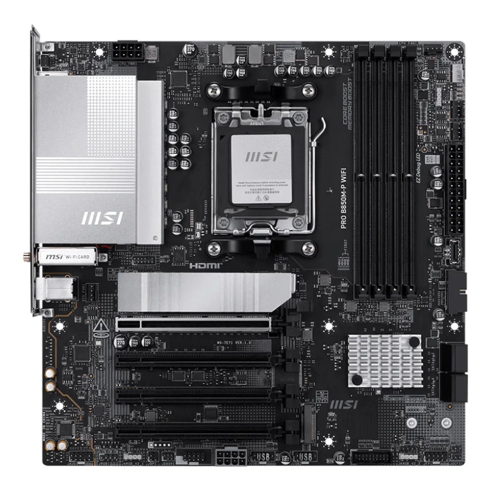 MSI PRO B850M-P WIFI Gaming Motherboard, AM5 Socket, mATX Form Factor, DDR5 Ram, PCIe 5.0, USB 10Gbps, HDMI, DP, Wi-Fi 7, Bluetooth, Realtek 5Gb Ethernet, M.2 Shield Frozr, Chipset Heatsink, 1 Year Warranty | 911-7E71-005