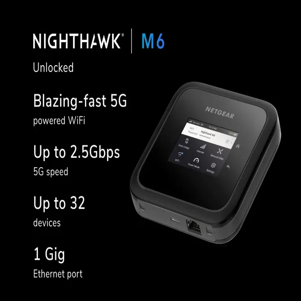 NETGEAR Nighthawk M6 5G Mobile Hotspot Router, WiFi 6, 5G Sub-6 Support, Up to 2.5 Gbps 5G Speeds, Up to 3.6 Gbps WiFi Speeds, Qualcomm Snapdragon X62 Modem, Supports Up To 32 Devices, 2.4" LCD Color Touchscreen, 1 Year Warranty | MR6150-100EUS