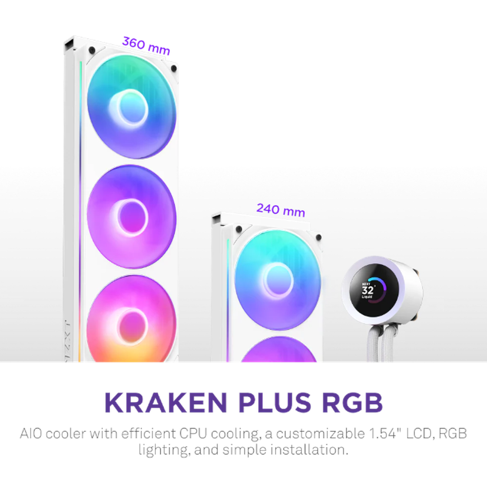 NZXT Kraken Plus 360 RGB AIO Liquid Cooler, 1.54" TFT LCD Display, Supports Intel, AMD Sockets, F360 RGB Fan Core, White, 1 Year Warranty | RL-KR360-W2