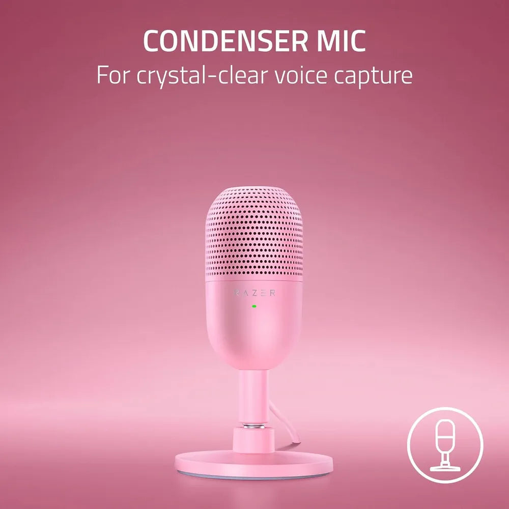 Razer Seiren Mini Condenser Microphone, Supercardioid Polar Pattern, USB-A, Up to 48 kHz Sampling Rate, Quartz (Pink), 1 Year Warranty | RZ19-03450200-R3M1