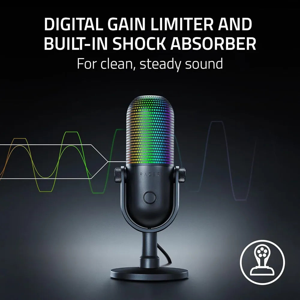 Razer Seiren V3 Chroma Condenser Microphone, Supercardioid Polar Pattern, Built-in Shock Absorber, Razer Chroma RGB, Touch-Sensitive Tap-to-Mute Button, Black, 1 Year Warranty | RZ19-05060100-R3M1