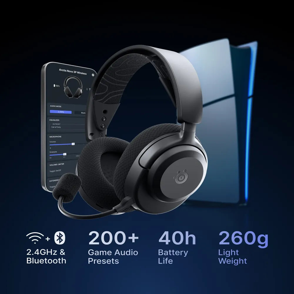 SteelSeries Arctis Nova 3P Wireless for PlayStation Gaming Headphones, 2.4 GHz Wireless, Bluetooth, Over-Ear, Cosed Back, ClearCast Gen 2 Microphone, 40 mm Speaker with Neodymium Magnets, Black, 1 Year Warranty | 61686