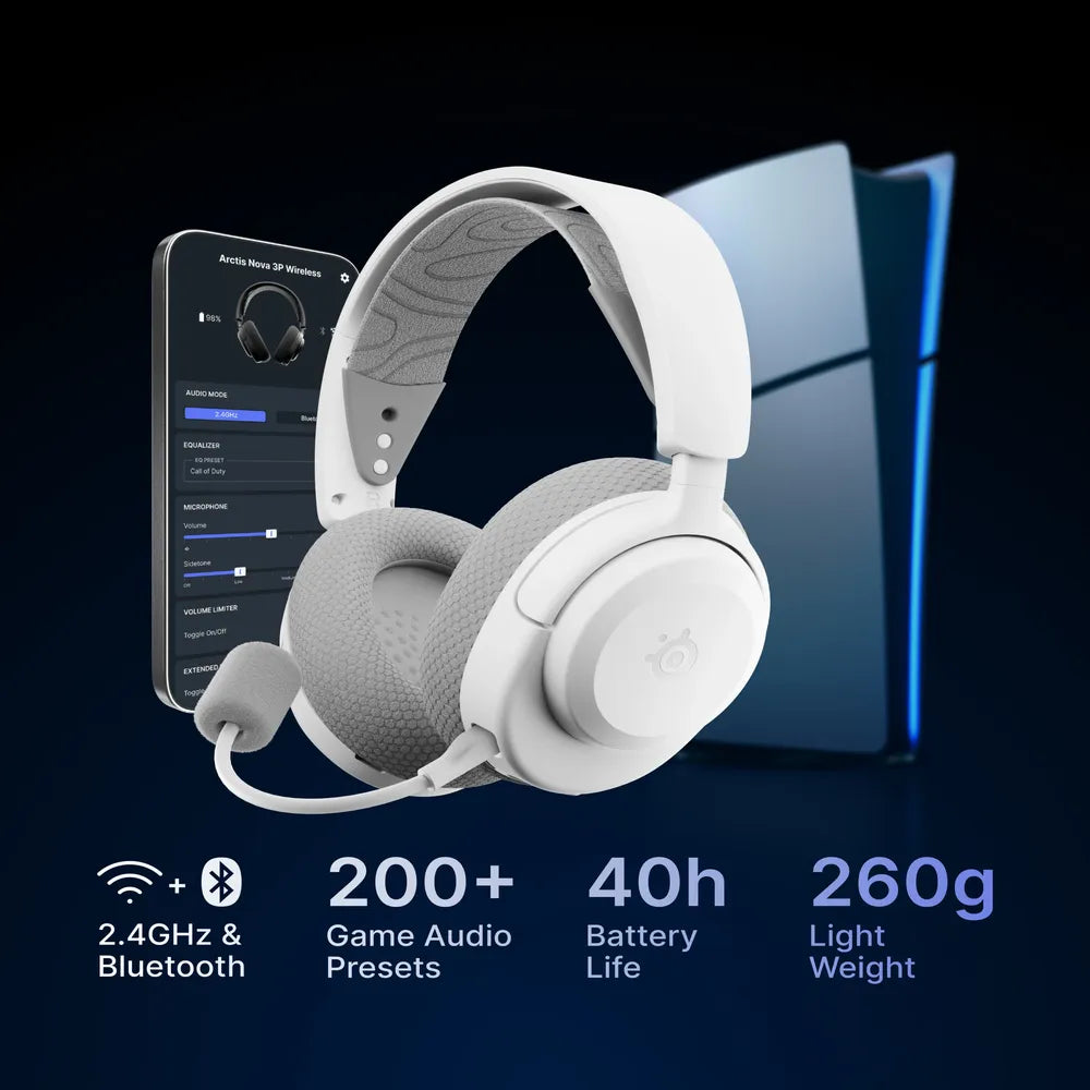 سماعة ألعاب SteelSeries Arctis Nova 3P اللاسلكية لجهاز PlayStation، لاسلكية بتردد 2.4 جيجا هرتز، بلوتوث، توضع فوق الأذن، بتصميم مغلق من الخلف، ميكروفون ClearCast من الجيل الثاني، مكبر صوت 40 ملم مع مغناطيس نيوديميوم، أبيض، ضمان لمدة عام | 61687