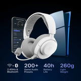 سماعة ألعاب SteelSeries Arctis Nova 3P اللاسلكية لجهاز PlayStation، لاسلكية بتردد 2.4 جيجا هرتز، بلوتوث، توضع فوق الأذن، بتصميم مغلق من الخلف، ميكروفون ClearCast من الجيل الثاني، مكبر صوت 40 ملم مع مغناطيس نيوديميوم، أبيض، ضمان لمدة عام | 61687