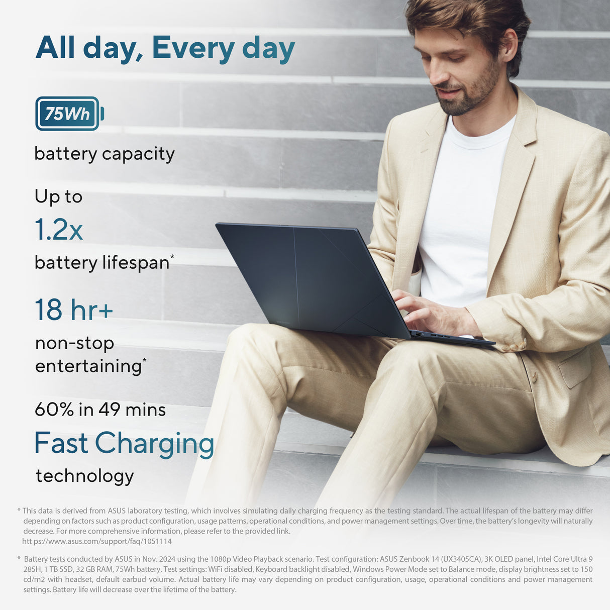 Asus Zenbook 14 Laptop, Intel Core Ultra 9 285H Processor, 32GB RAM, 1TB SSD, Intel Arc Graphics, 14" 3K OLED 120Hz Touch Display, Windows 11 Home, Backlit English & Arabic Keyboard, Ponder Blue, 1 Year Warranty | UX3405CA-SU855W