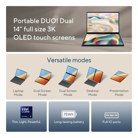 ASUS Zenbook Duo Intel Core Ultra 9 285H Processor, 32 GB RAM, 2TB PCIE G4 SSD, 14" OLED Touch Display, Windows 11 Home, English & Arabic Keyboard, GRAY, 1 Year Warranty | UX8406CA-PZ005W