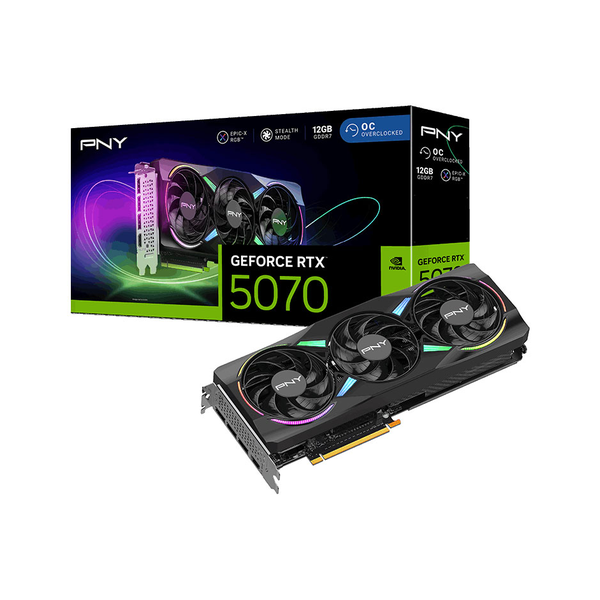 PNY GeForce RTX 5070 Triple Fan OC Edition AR GB Graphics Card, GDDR7 12 GB 192-bit Memory, HDMI 2.1b, DP 2.1b Outputs, PCI Express 5.0, 2775 MHz Boost Clock, 672  GB/s Memory Bandwidth, 1 Year Warranty | VCG507012TFXXPB1-O