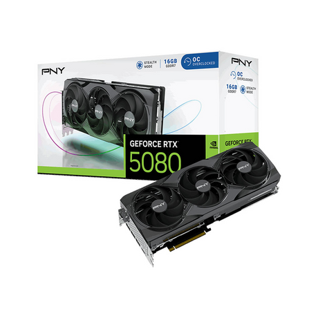 PNY GeForce RTX 5080 EPIC-X Triple Fan OC Edition Graphics Card, GDDR7 16 GB 256-bit Memory, HDMI 2.1b, DP 2.1b Outputs, PCI Express 5.0, 2625 MHz Boost Clock, 960  GB/s Memory Bandwidth, 1 Year Warranty | VCG508016TFXPB1-O