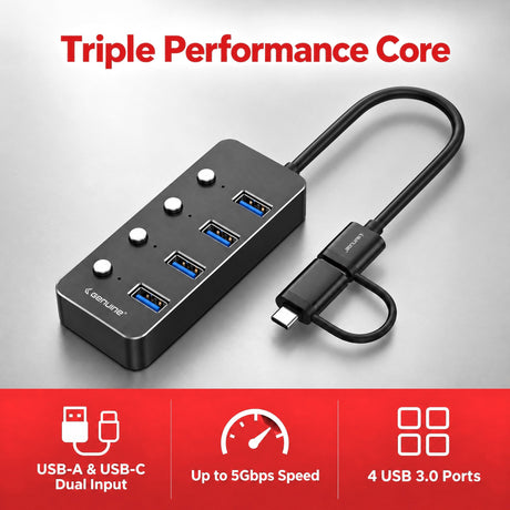 Genuine 4 Port USB 3.0 HUB, 180mm Cable Length, Input USB A + C 3.0 Male, Transfer rate up to 5Gbps, Black/Silver/Customized, 1 Year Warranty | GN-HU34E